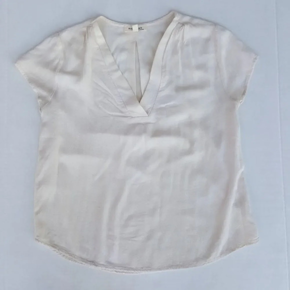 MONTEAU | White V Neck Linen Canvas Short Sleeve Tshirt Small - Picture 3 of 3